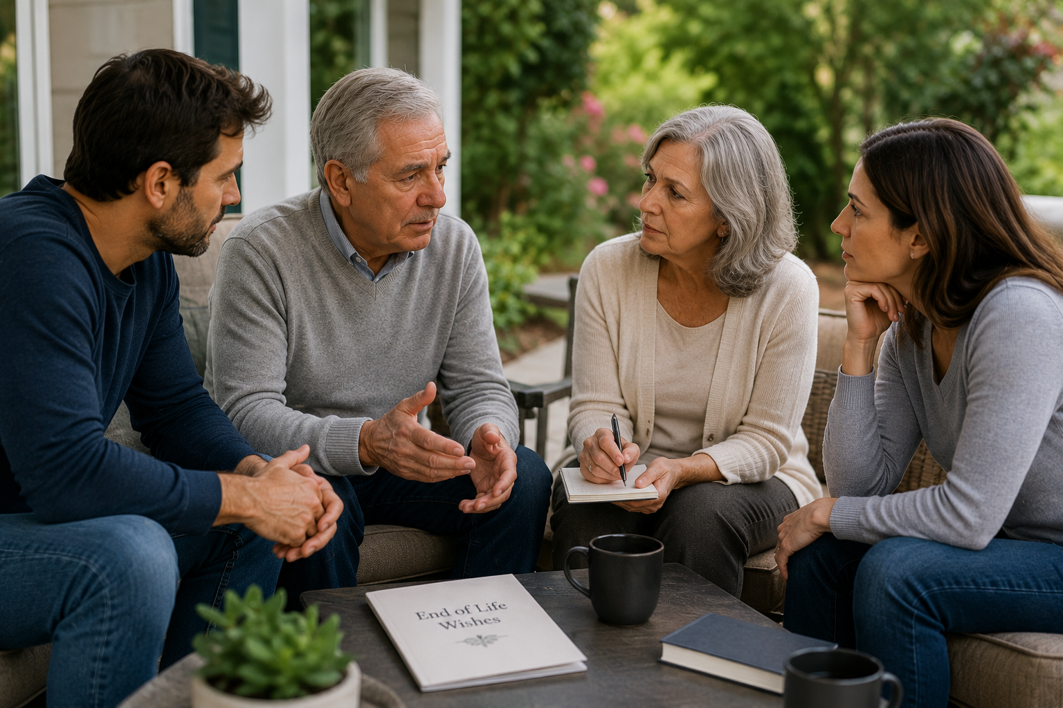 Family discussing end-of-life care wishes together on an outdoor porch