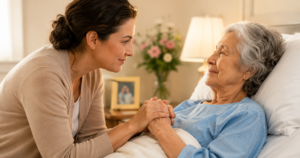 A woman gently holding the hands of an elderly woman in hospice care at home